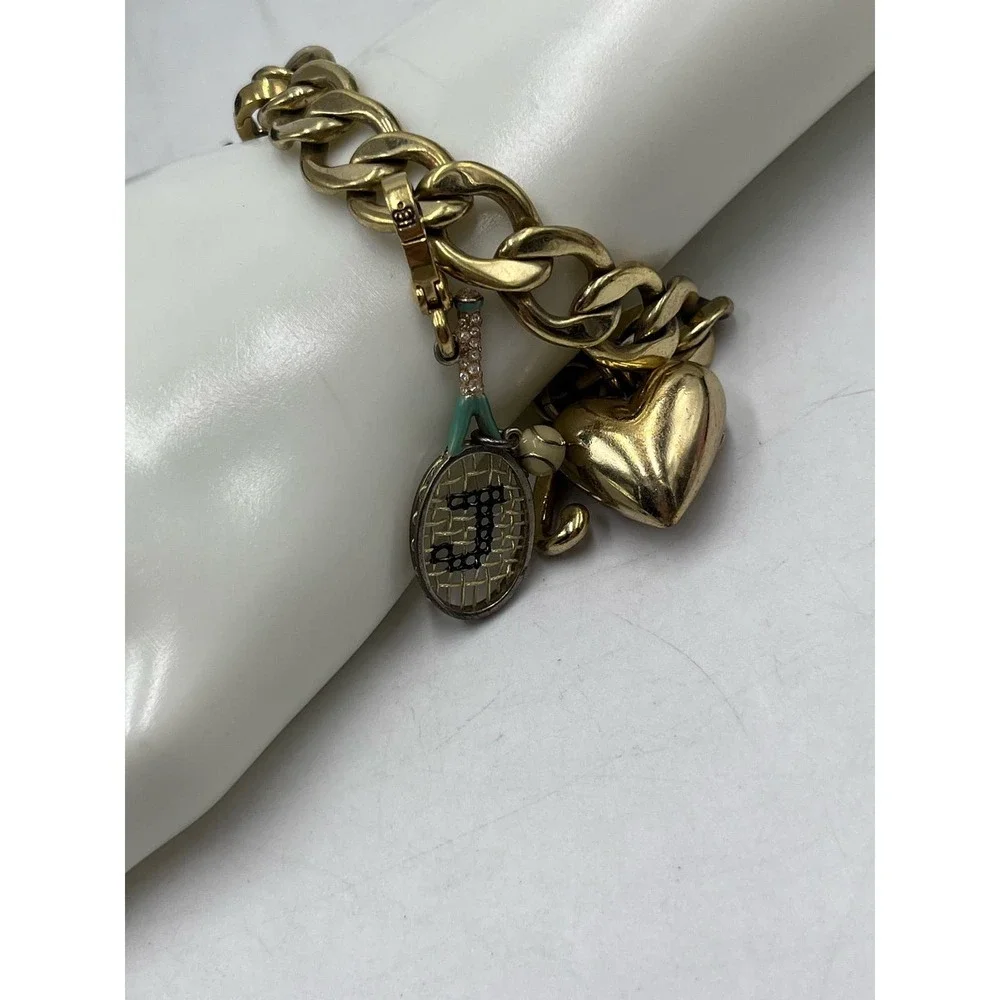 Juicy Couture Puffed Tennis‎ Racquet Scottie Dog Heart Toggle Gold Tone Bracelet
